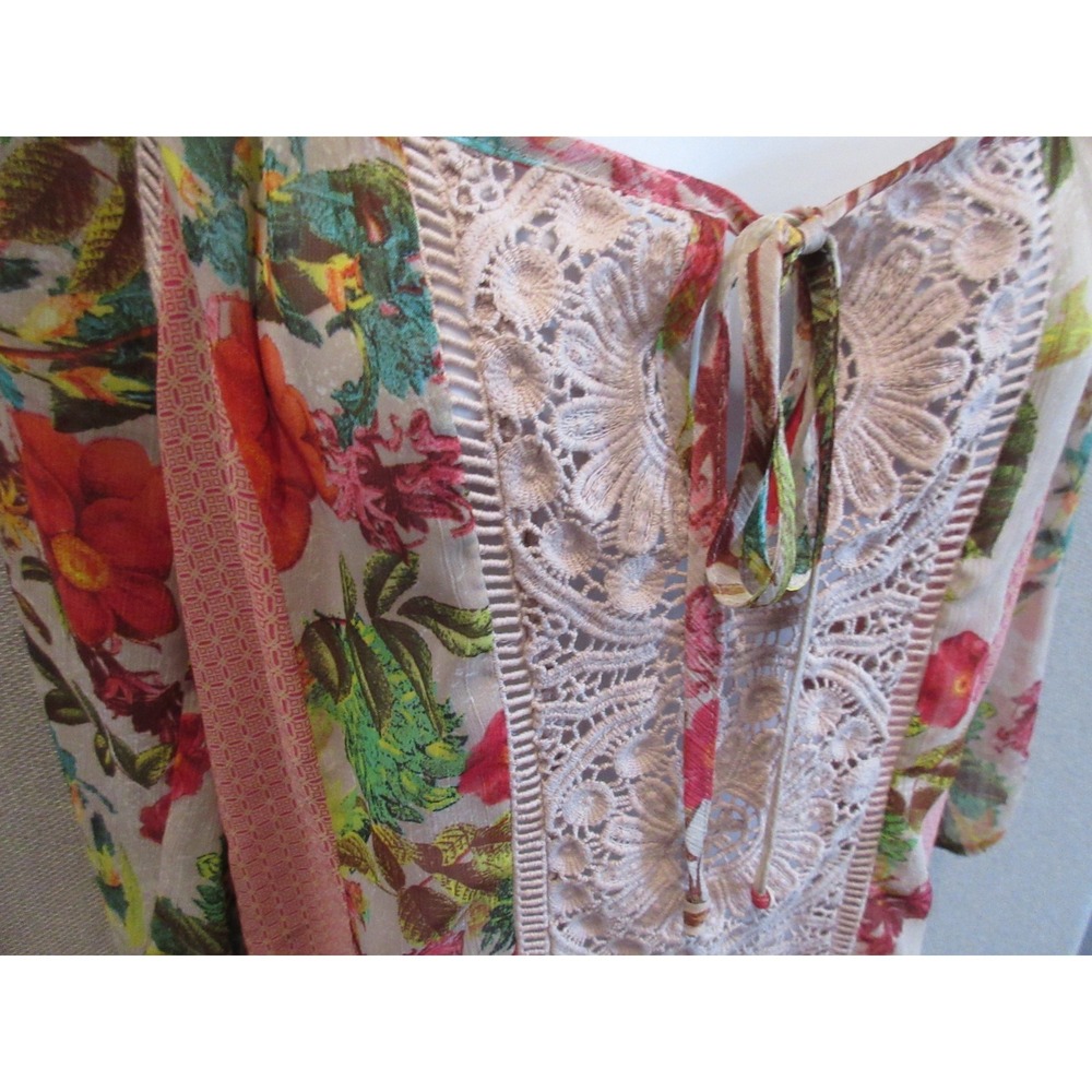 Meadow Rue Anthropologie Key-Hole Peasant Blouse Beige w/Multicolor Floral Sz S - Picture 2 of 7